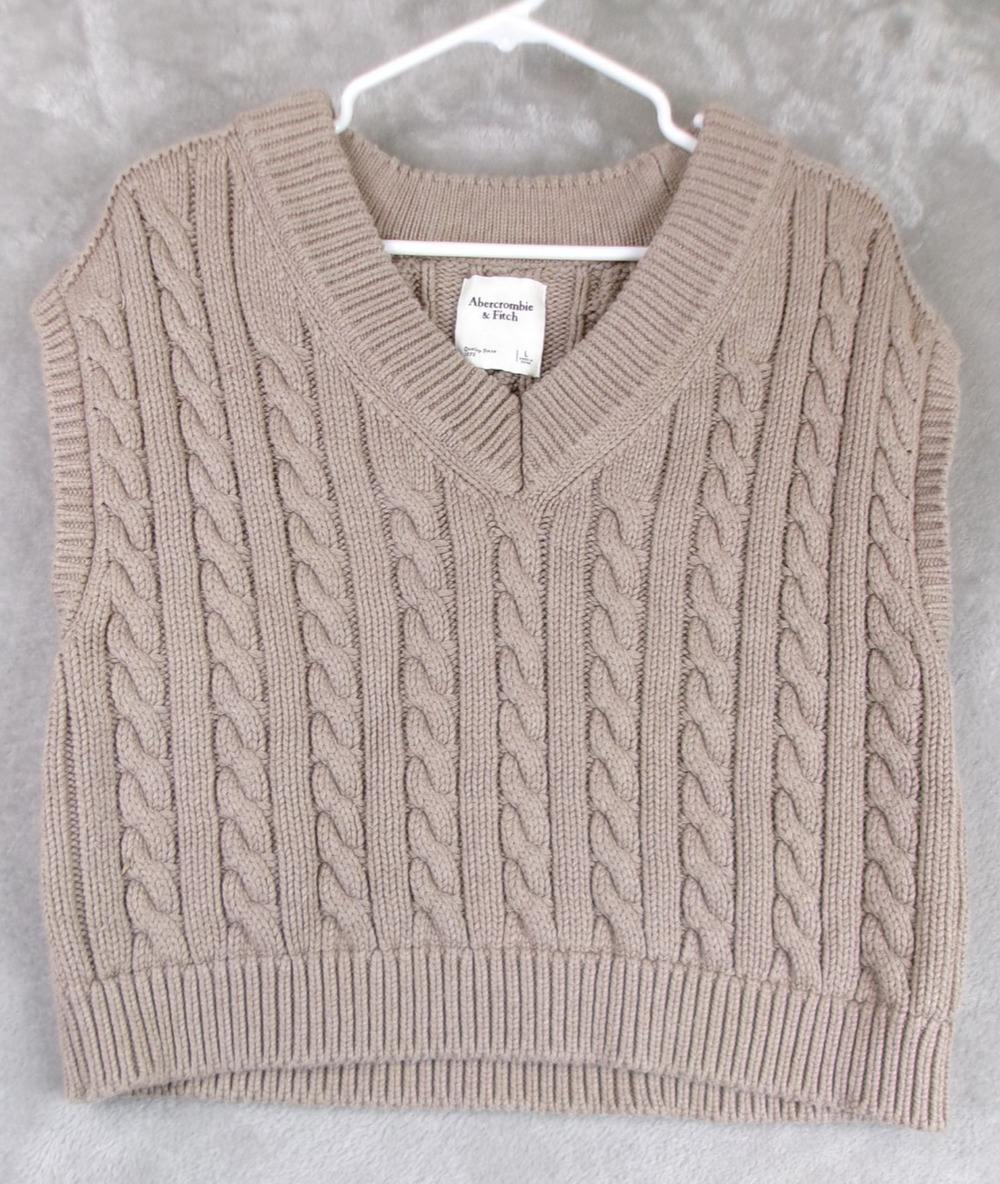 Abercrombie & Fitch Women's L Taupe Cable Knit V-Neck Fisherman Preppy